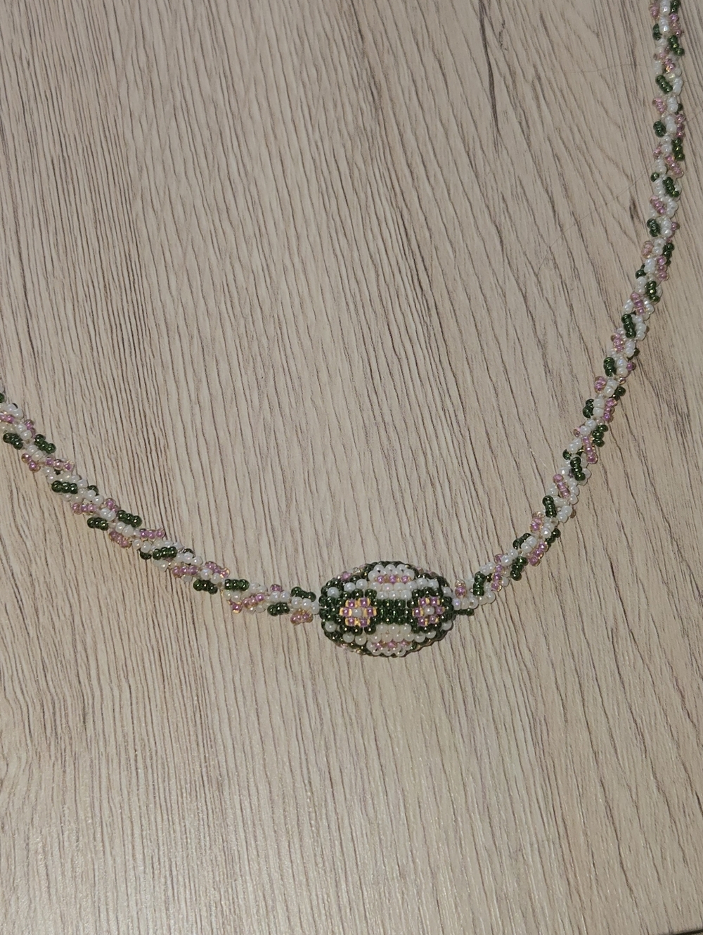 Handmade Pink and Green Beaded Floral Necklace